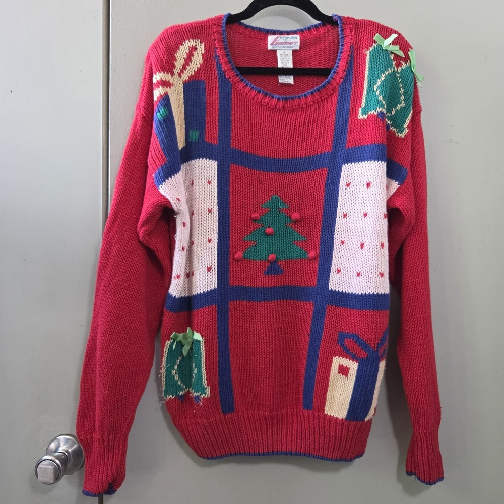 Vtg 80s 90s Ugly Christmas Sweater M Tree Presents Wreath Tacky Party Ramie